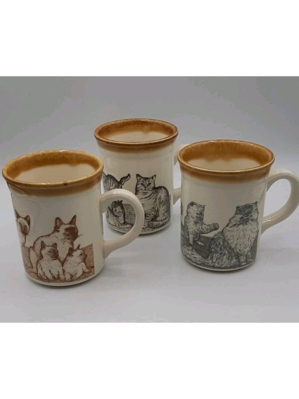 Vintage Biltons England Cat Kitten Coffee Mugs Brown Rim Stoneware Set of 3